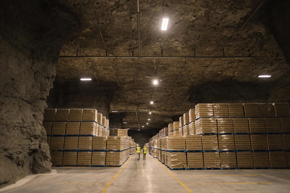 Aisle of a vast underground cheese storage cave lined with shelves of cheese.
