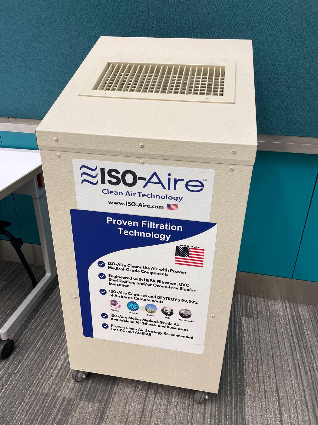 A free-standing ISO-Aire portable HEPA air purification unit.